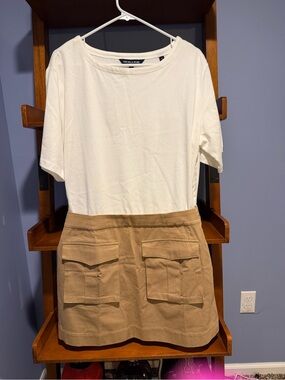 Veronica Beard Cream Top with Tan Utility Mini Skirt